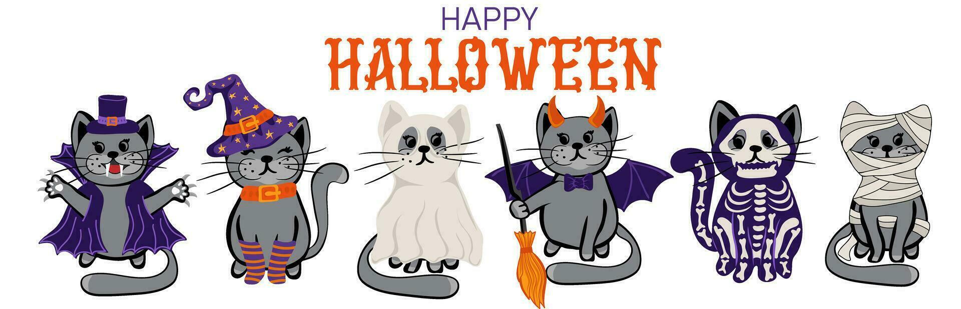 Halloween Cats Costume Party. Set of cute cats in spooky outfits vector