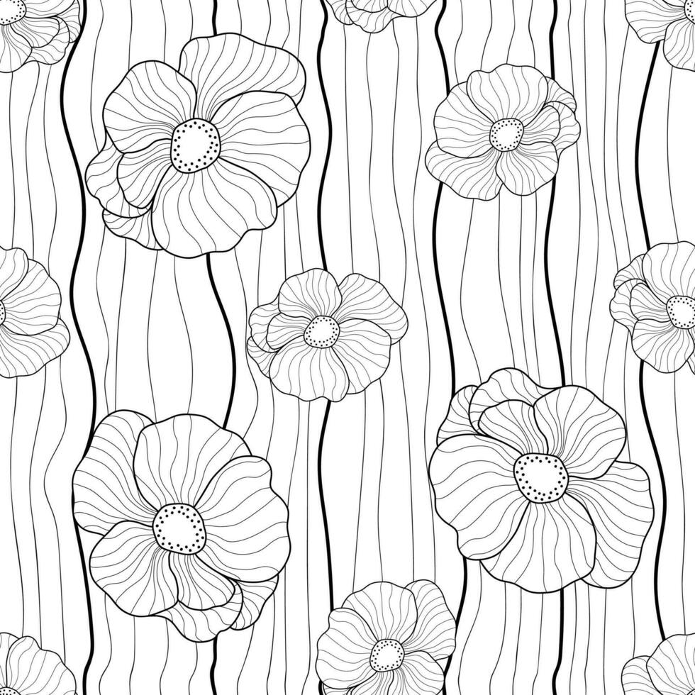 Flowers seamless pattern. Outline poppies on striped white background. Floral print for textile, wallpapers, fabric and wrapping paper vector