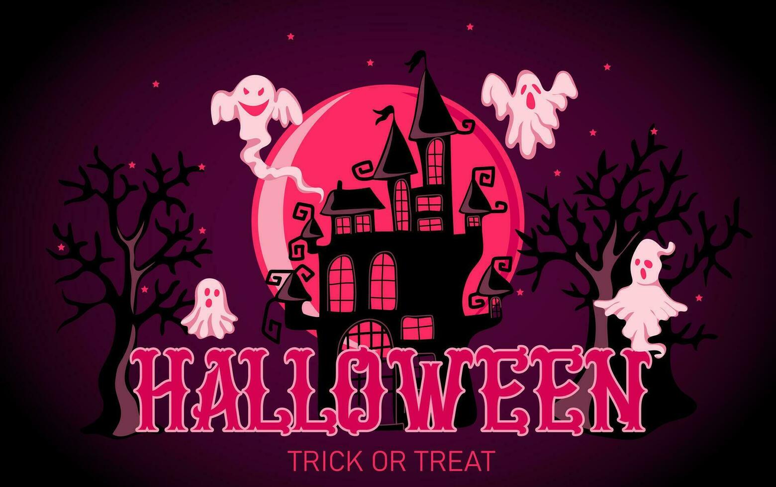 Happy Halloween banner or party invitation background. Holiday design with scary castle, ghosts on moon background vector