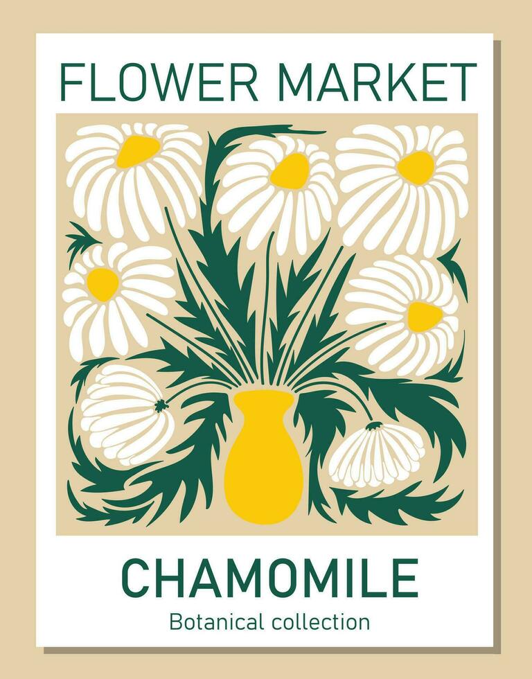 Trendy botanical wall art of chamomile. Flower market poster concept template perfect for postcards, wall art, banner vector