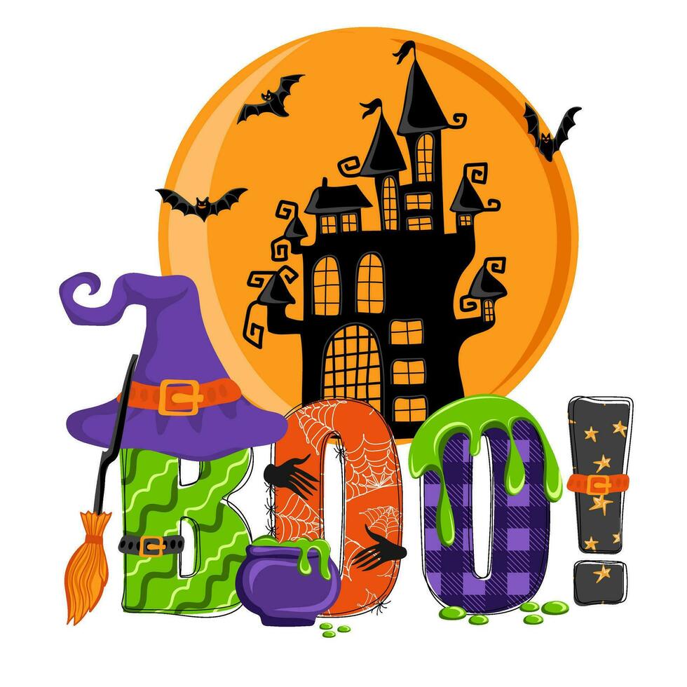 Boo. Hand drawn doodle text with witch hat, bat, spiders and zombie hands. Happy Halloween vector