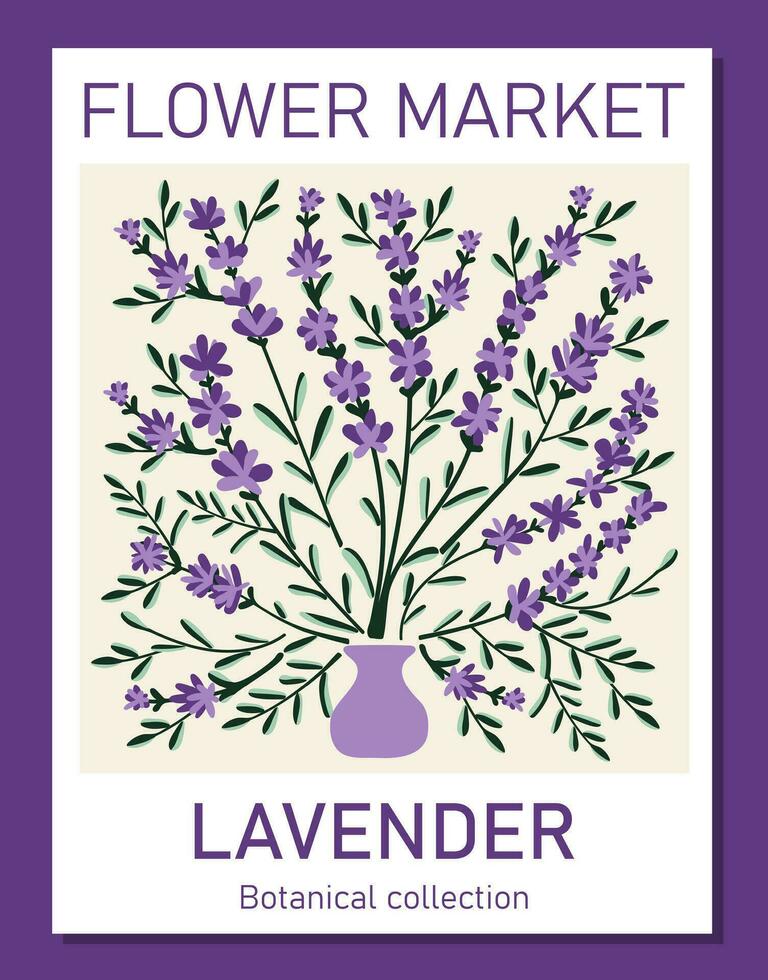 Trendy botanical wall art of lavender. Flower market poster concept template perfect for postcards, wall art, banner vector