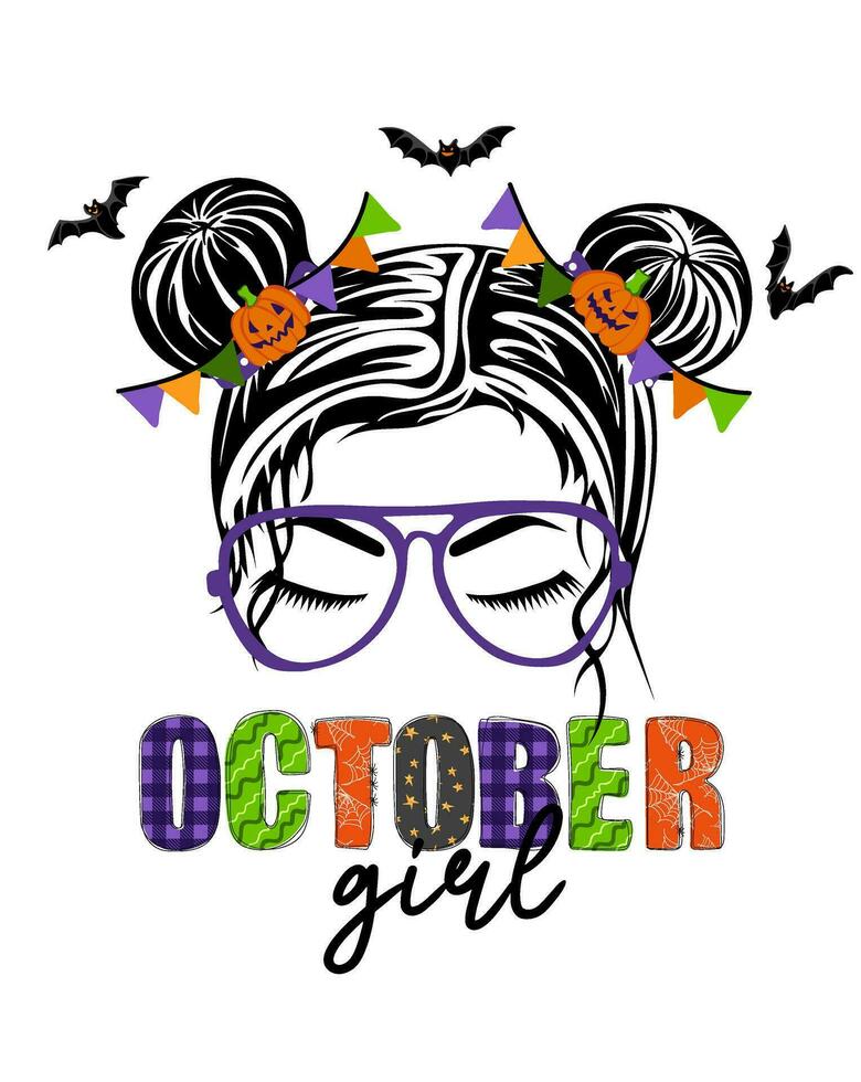 October girl. Hand drawn woman face with spooky pumpkins, bats and doodle text. Happy halloween concept. Holiday design for poster, banner vector