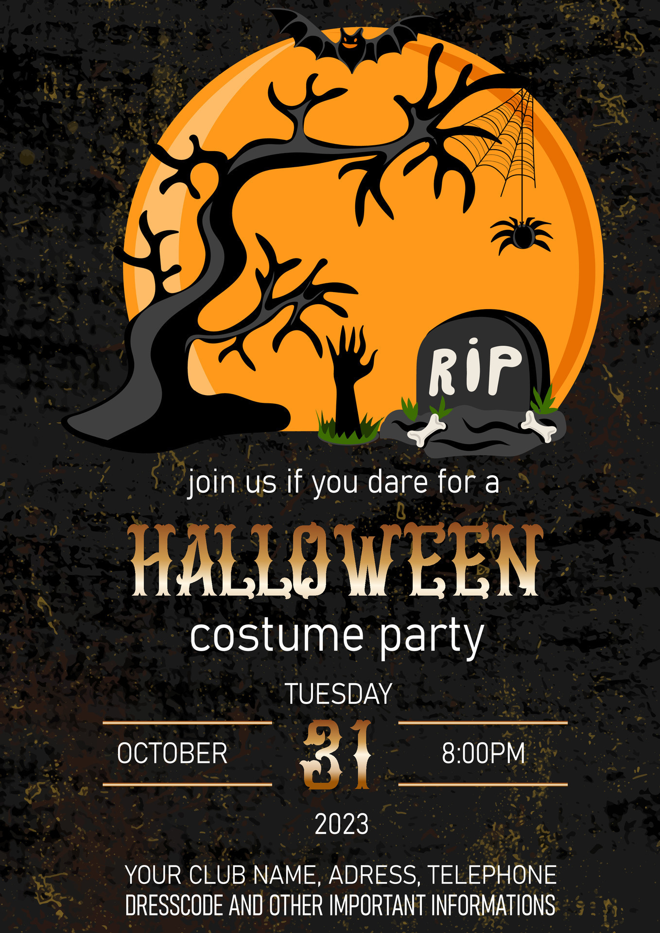 Halloween costume party invitation with scary tree, cemetery and flying
