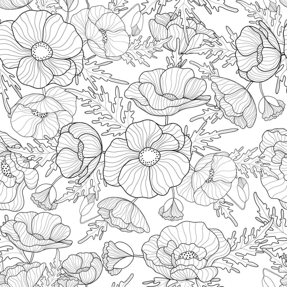 Flowers seamless pattern. Hand drawn outline poppies on white background. Floral print for textile, wallpapers, fabric and wrapping paper vector