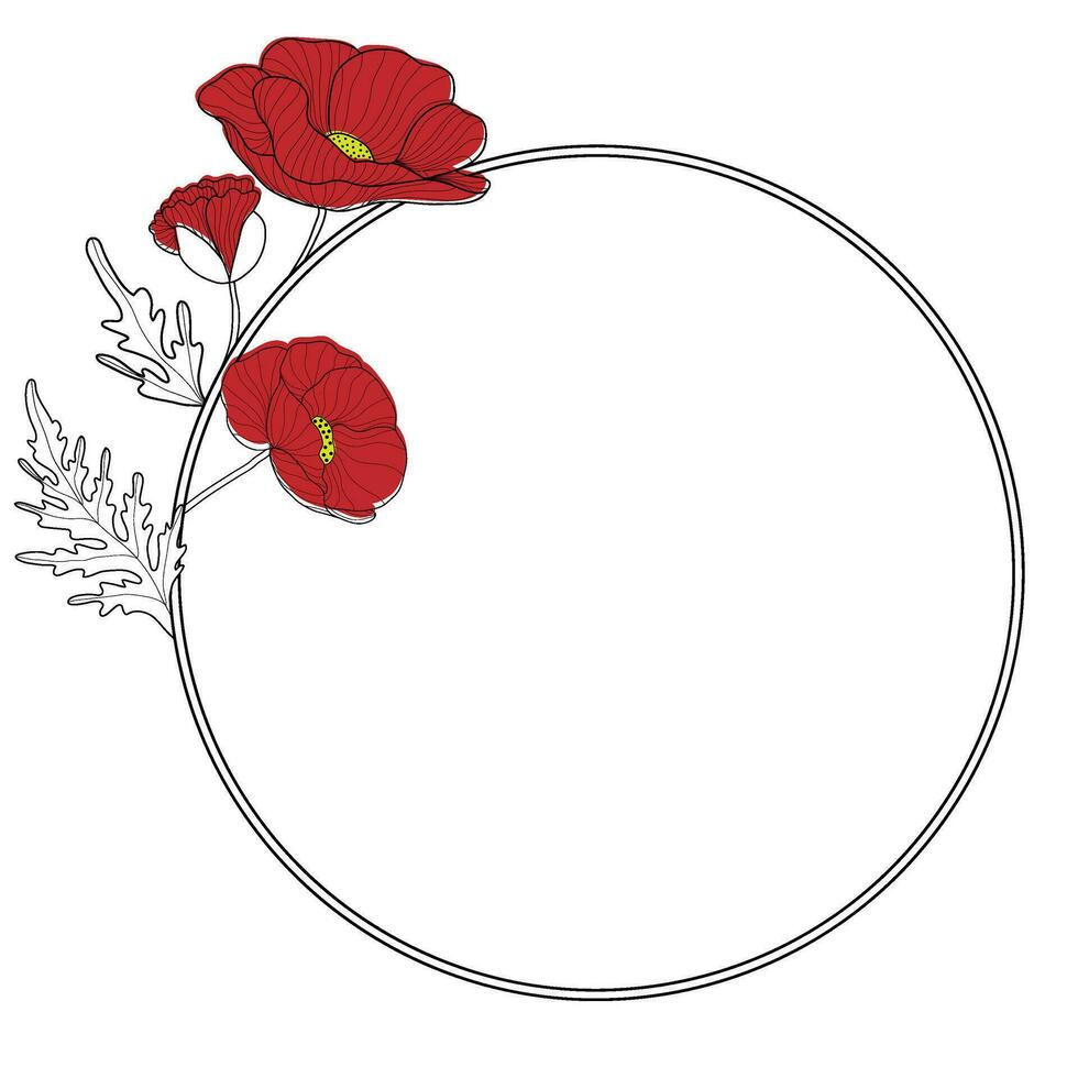 Romantic circle frame with red poppies. Floral wreath for labels, branding business identity, wedding invitation. vector