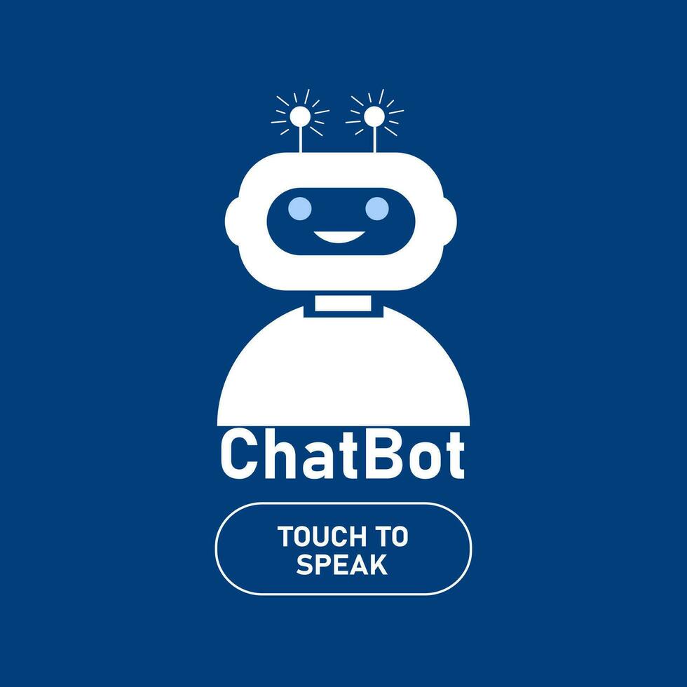 Smiling robot in headphone on blue background. Chatbot logo design. Virtual smart assistant bot and customer service support concept vector
