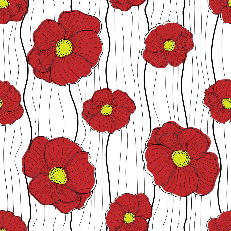 Flowers seamless pattern. Red poppies on striped white background. Floral print for textile, wallpapers, fabric and wrapping paper vector