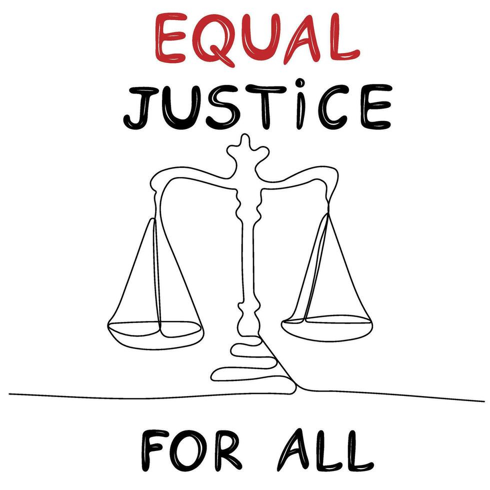 igual justicia para todo. continuo uno línea dibujo equilibrado escamas de justicia. todos es igual antes de el ley vector