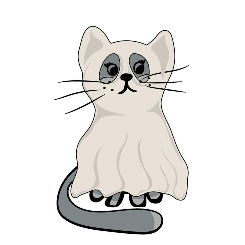 Cute cat in spooky outfit of ghost. Halloween Cat Costume Party vector