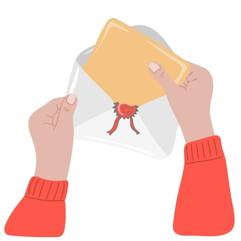 Human hand holding open envelope and postcard vector