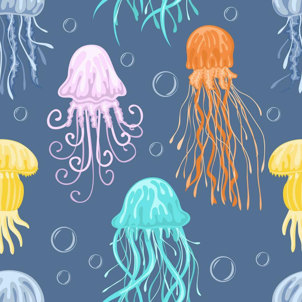 Seamless pattern with colorful jellyfishes. Marine dwellers vector