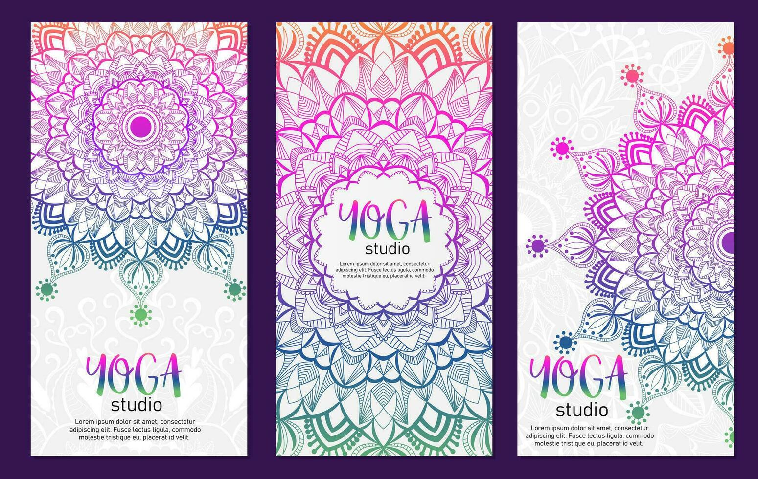 Set of ornamental ethnic banner set for yoga studio. Templates with doodle tribal mandalas.  Arabic Islamic east style. vector