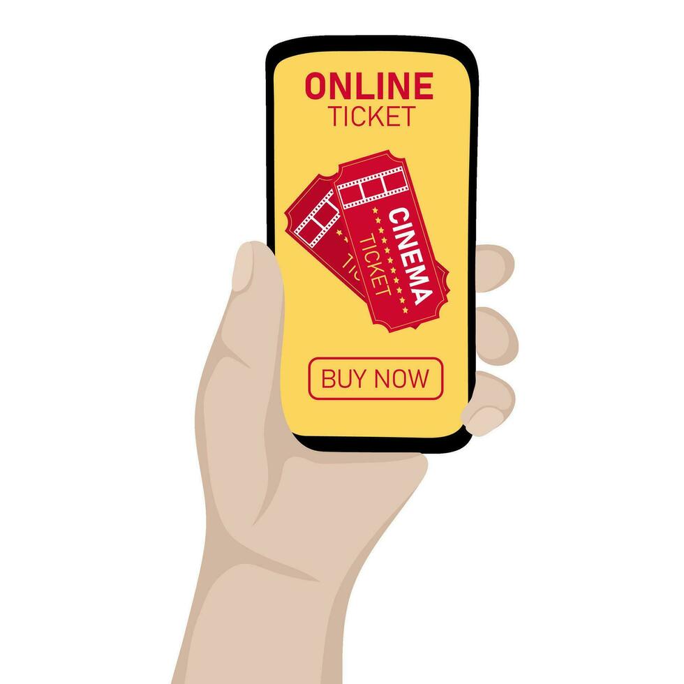 Human hands holding mobile phone with cinema tickets on screen. Buying movie tickets online using a mobile app vector
