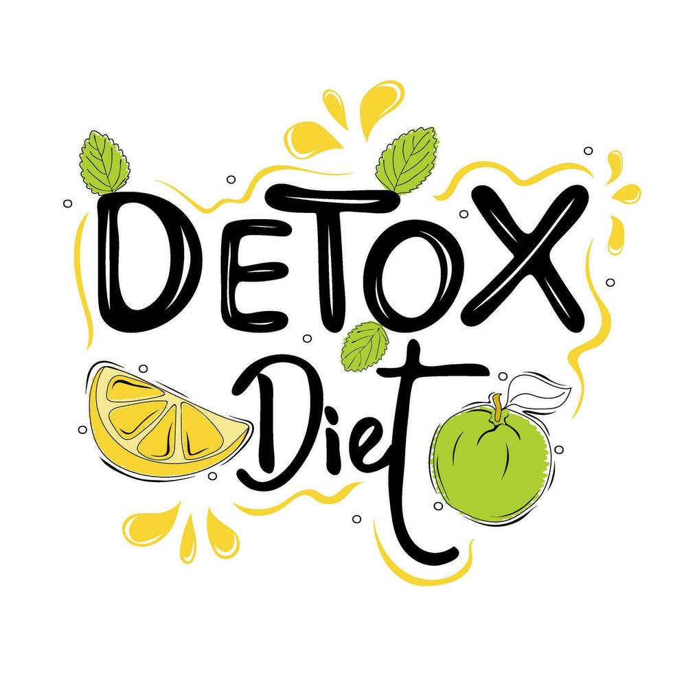 desintoxicación dieta texto con limón, verde manzana y menta hojas vector