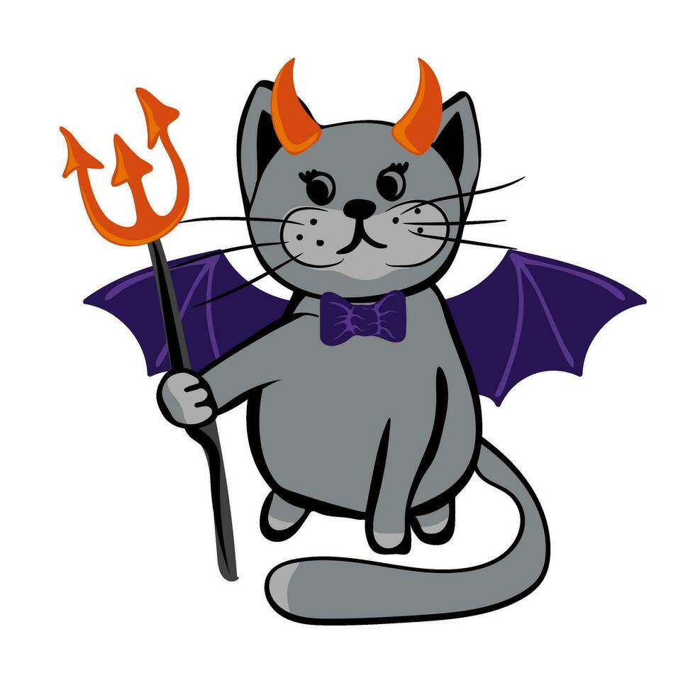 Cute cat in spooky outfit of devil. Halloween Cat Costume Party vector