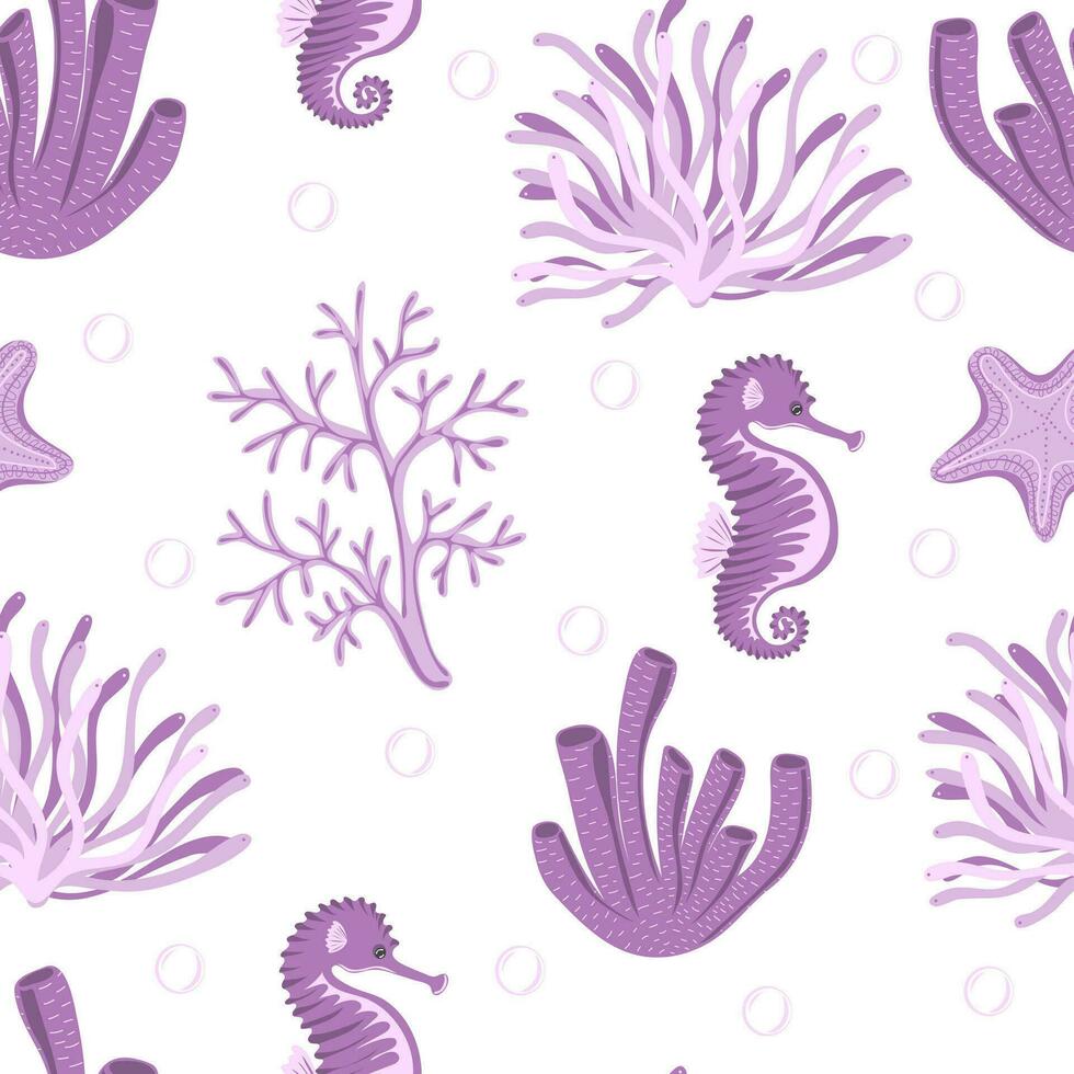 Seamless pattern with seahorses, starfishes, corals and seaweed vector