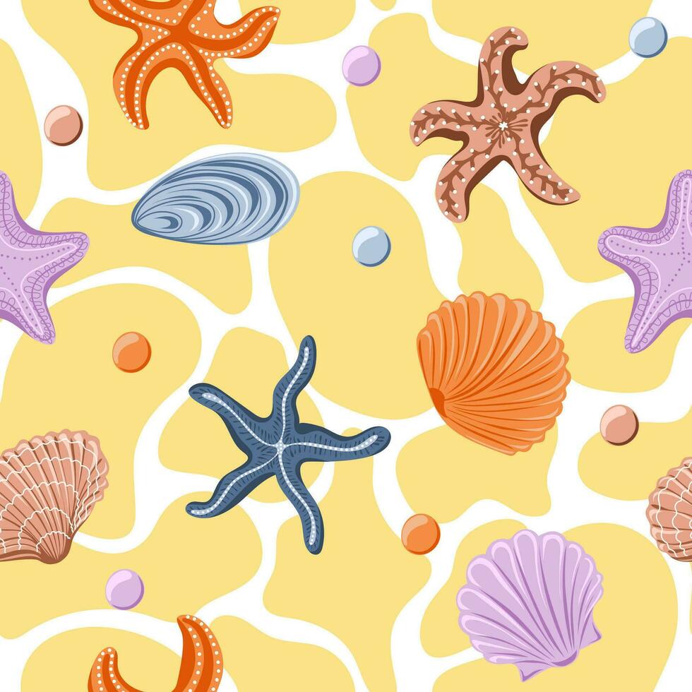 Seamless pattern with different sea shells and starfish. Marine dwellers vector