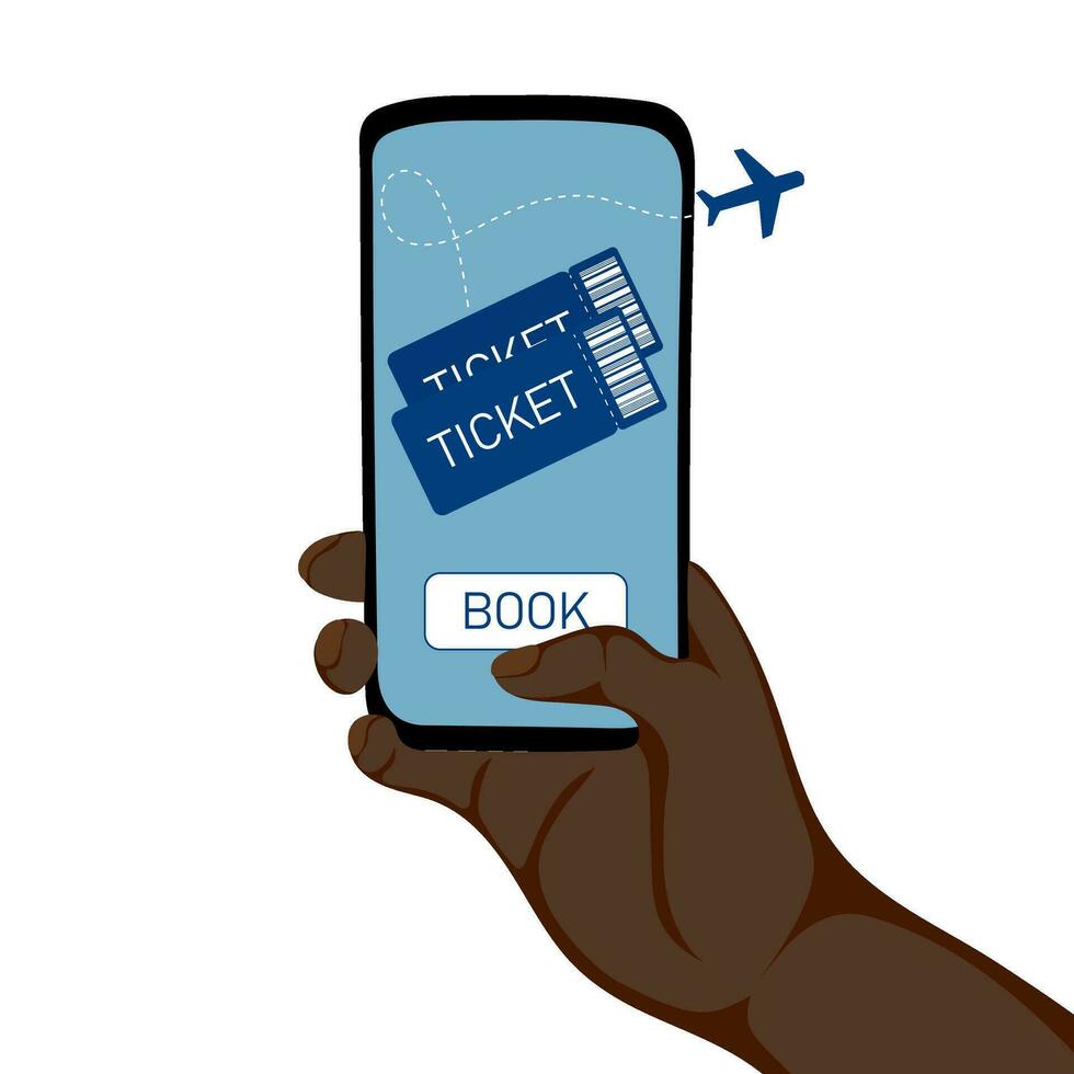 Human hands holding mobile phone with flight tickets on screen. Tickets booking concept vector