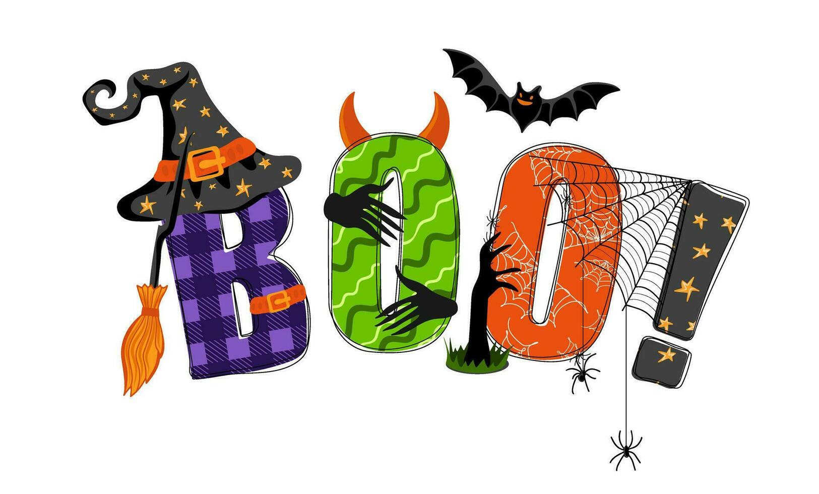 Boo. Hand drawn doodle text with witch hat, bat, spiders and zombie hands. Happy Halloween vector
