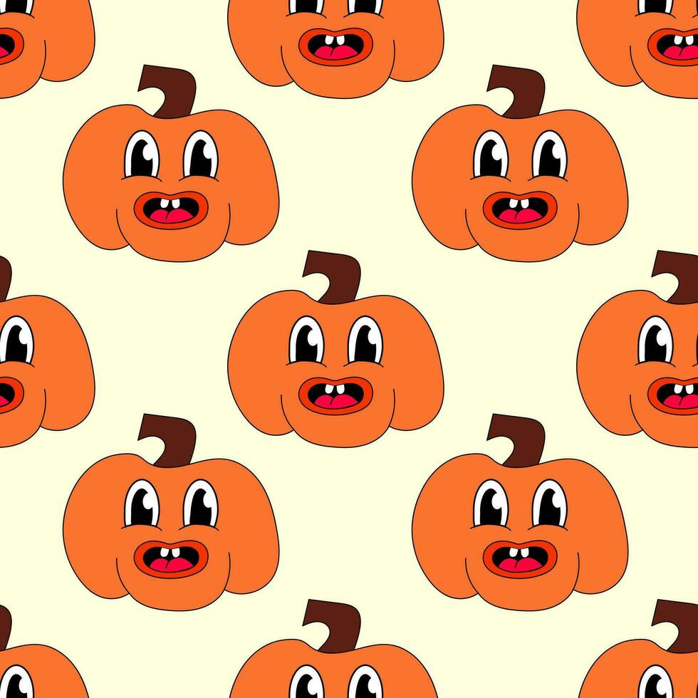 Retro 70s 60s 80s Hippie Groovy Halloween seamless pattern with pumpkins. Funny smile face. Vector flat illustration.