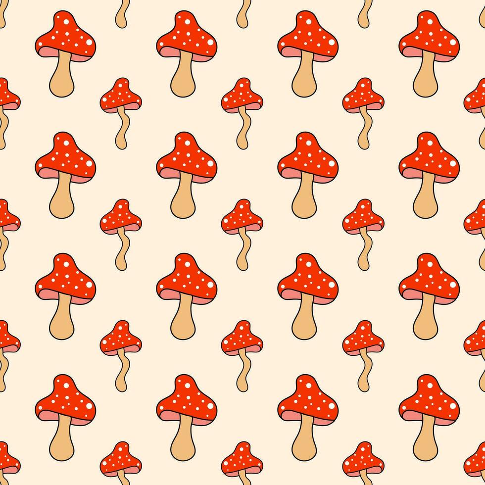 Retro 70s 60s 80s Hippie Groovy mushrooms fly agarics psychedelic seamless pattern. Vector illustration. Boho style.