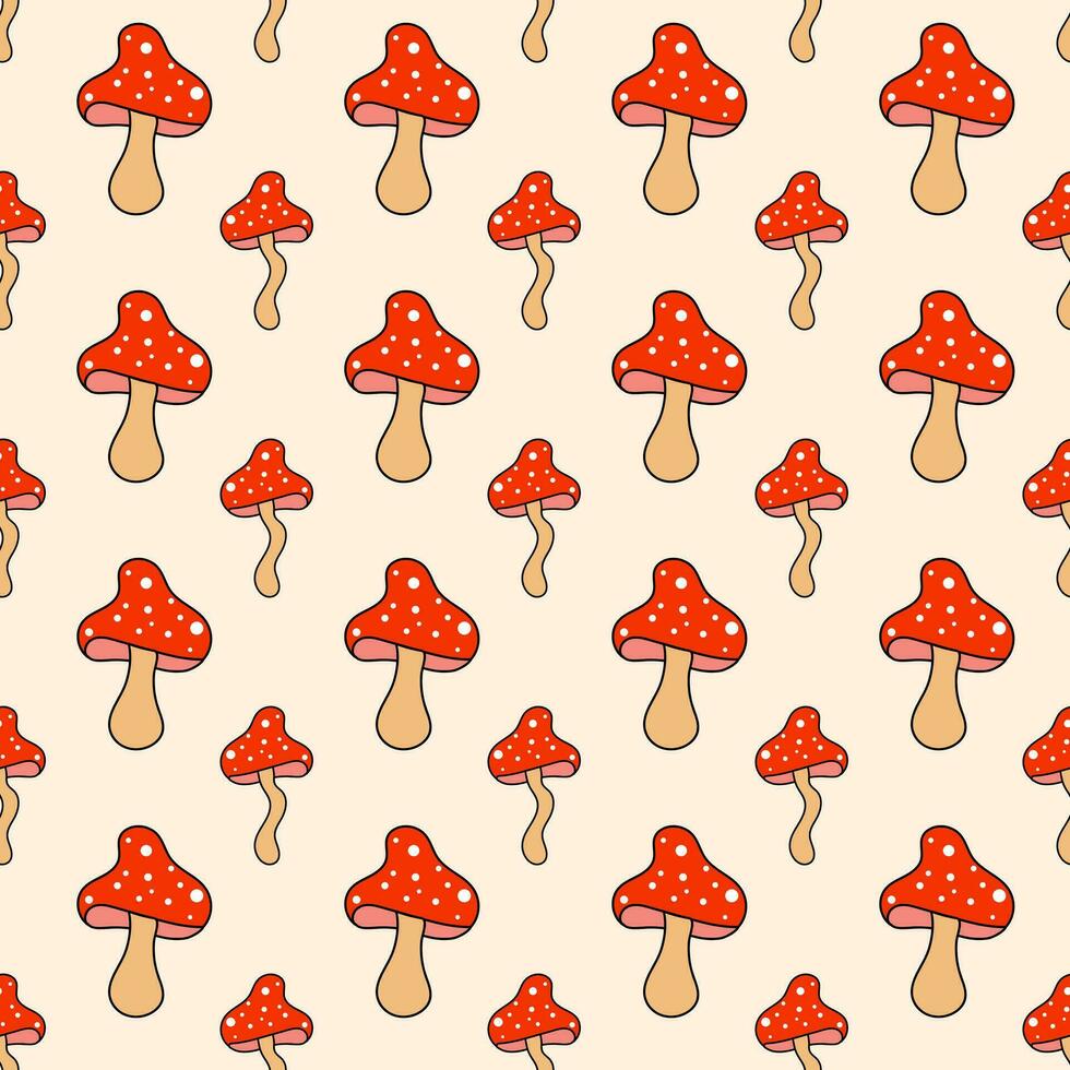 Retro 70s 60s 80s Hippie Groovy mushrooms fly agarics psychedelic seamless pattern. Vector illustration. Boho style.