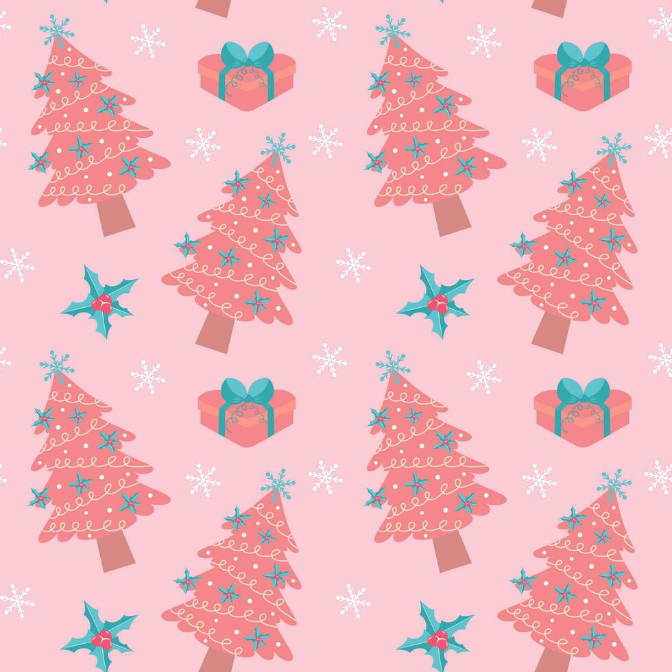 Pink christmas tree, gift, holly berry leaves and snowflakes seamless pattern. Winter holidays glamour decorative wrapping paper. vector