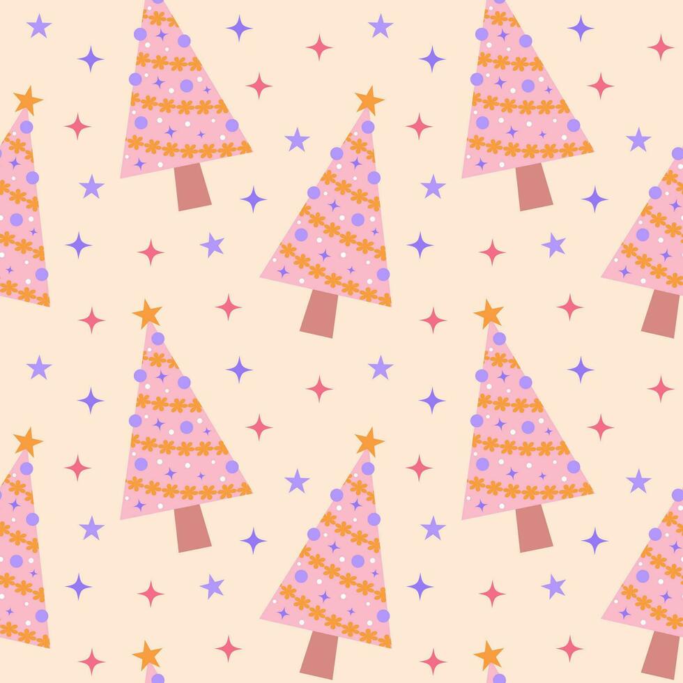 Pink christmas tree and stars seamless pattern. Winter holidays glamour decorative wrapping paper. vector