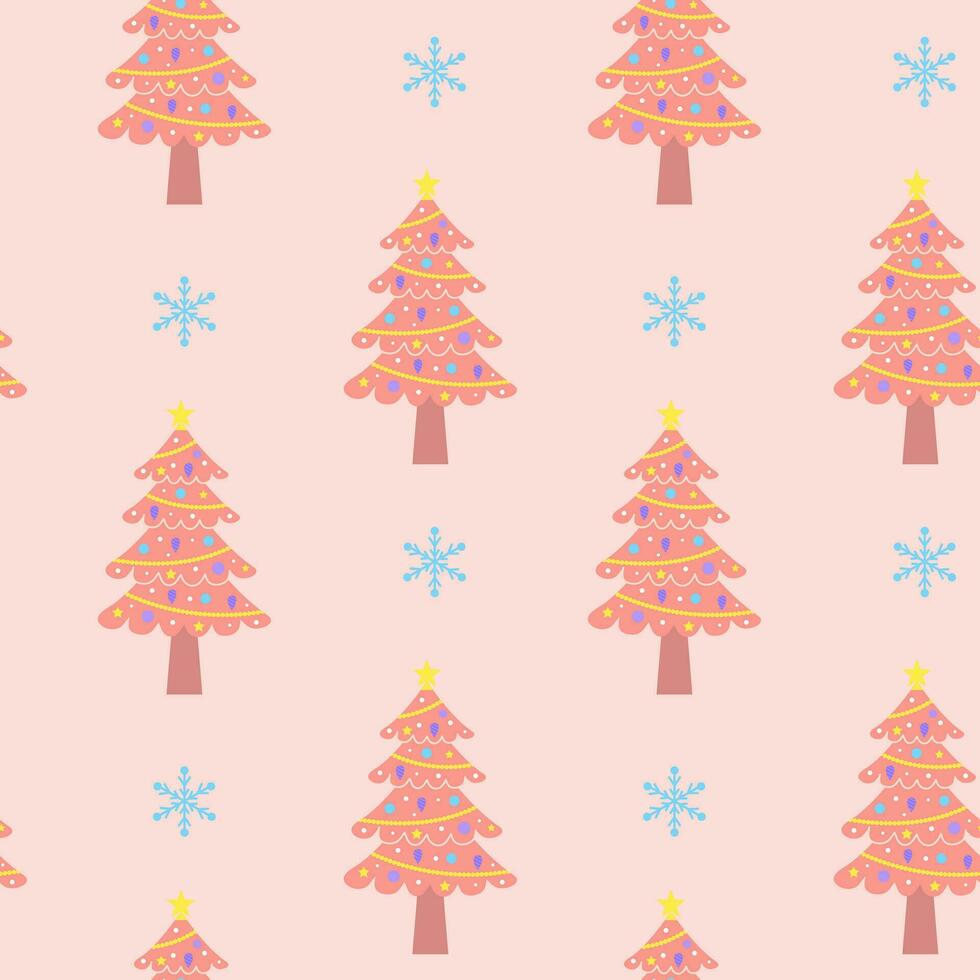 Pink christmas tree and snowflakes seamless pattern. Winter holidays glamour decorative wrapping paper. vector