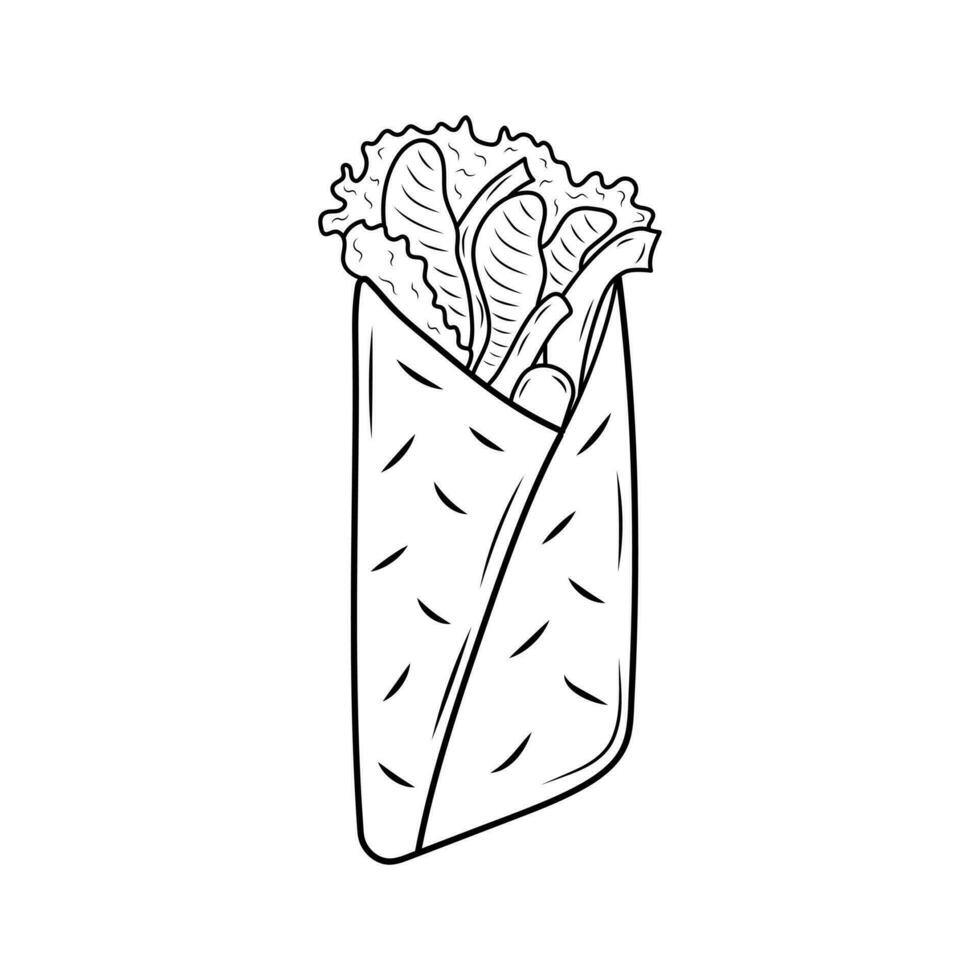 Turkish fast food with meat and vegetables in pita bread. Shawarma linear icon. Hand drawn doodle illustration. vector