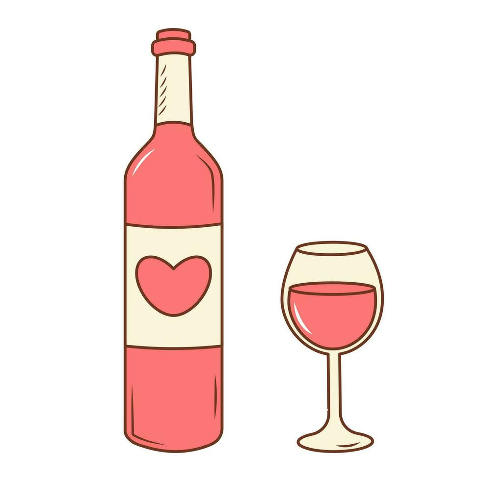 botella de vino con un corazón y un vaso de rojo vino. color garabatear icono. vector