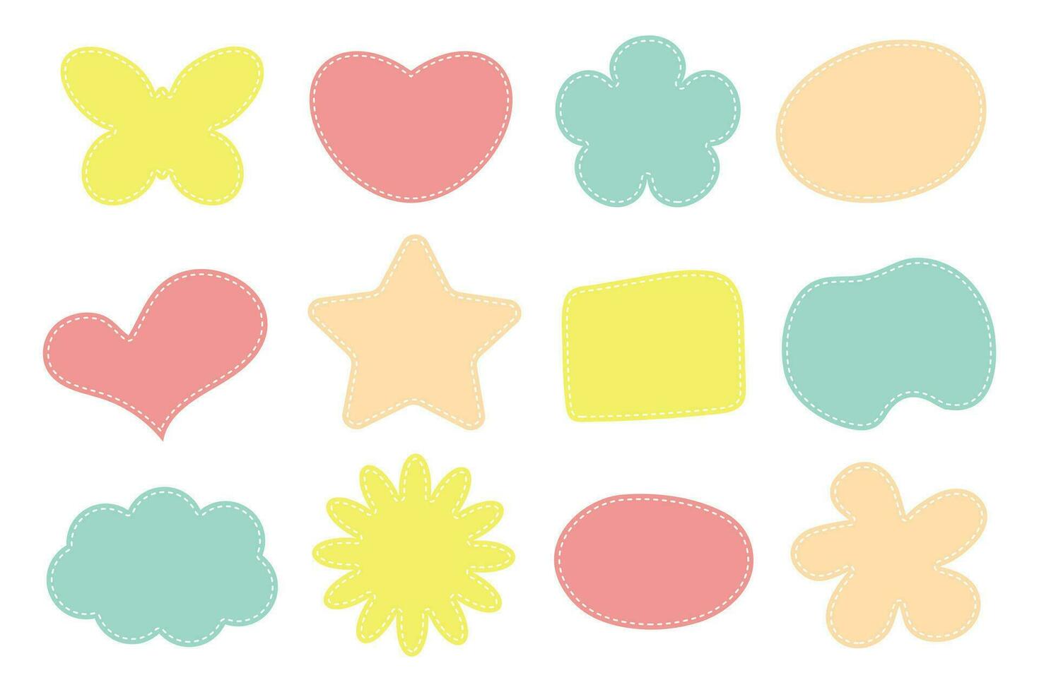 Cute pastel patches set. Different shapes with dotted line. Art form templates for social media. vector