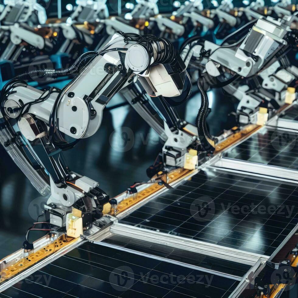 Industrial robot arms are producing solar panels in large factories. photo
