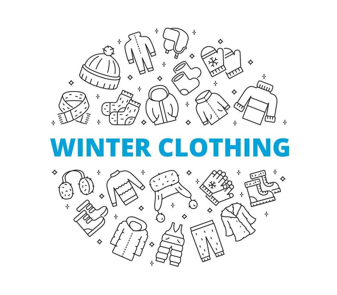 Set Icons Winter Clothing. Circular composition. Contains such symbols as Sweater, Boots, Scarf, Coat, Jacket and more. vector