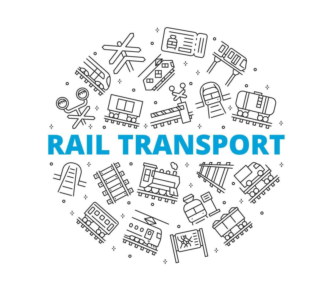 carril transporte conjunto iconos circular composición. contiene tal símbolos como carril, tren, locomotora, ferrocarril carro, estación y más. vector