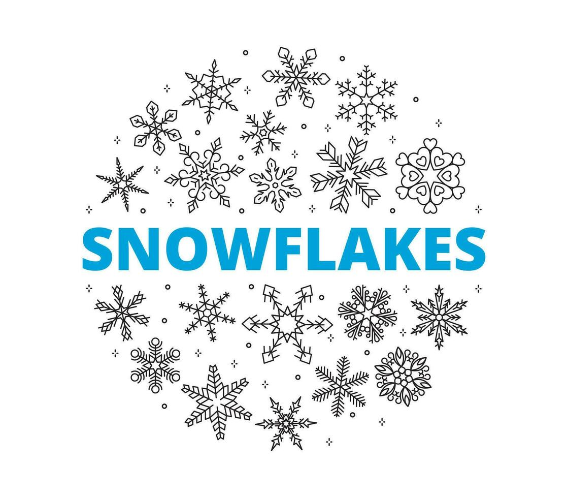 Snowflake line icons. Collection of winter symbols in circular composition. Vector illustration.