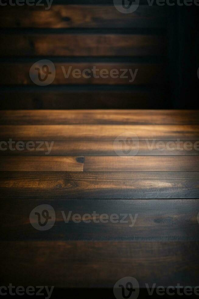 Wooden table with dark blurred background.. AI generated photo