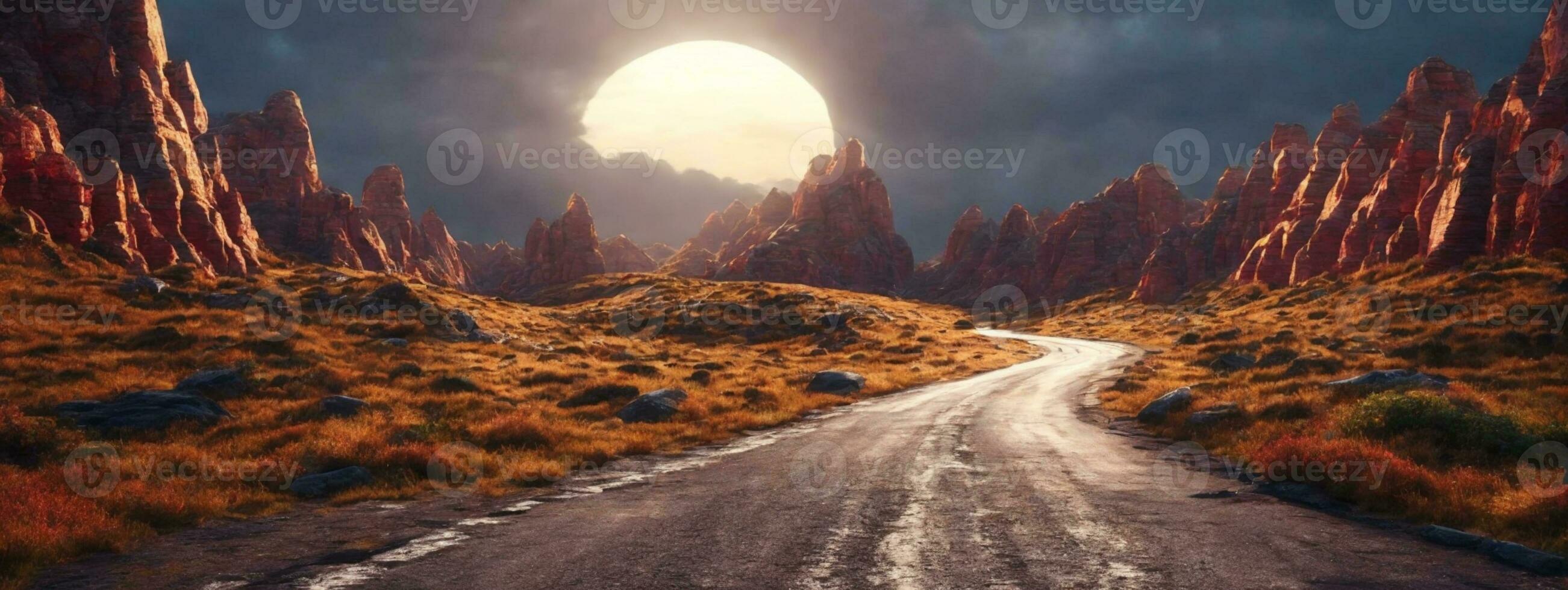 mage related to unexplored road journeys and adventures.Road through the scenic landscape to the destination in Lanzarote natural park. AI generated photo