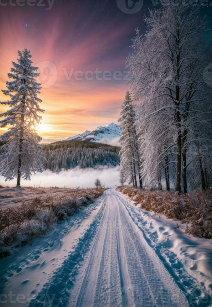 Road leading towards colorful sunrise between snow covered trees with epic milky way on the sky. AI generated photo