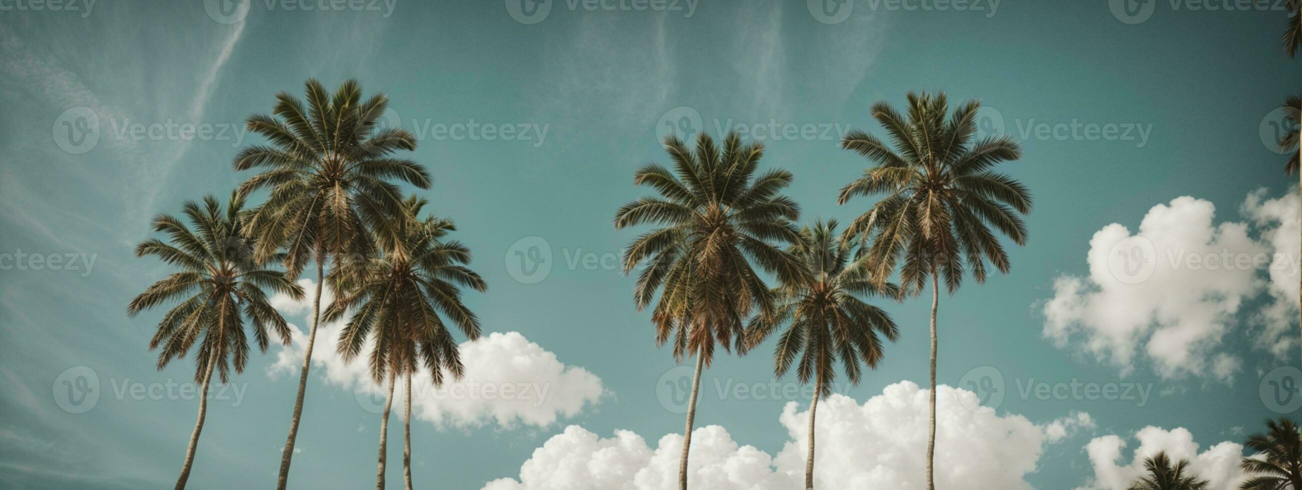 Blue sky and palm trees view from below, vintage style, tropical beach and summer background, travel concept. AI generated photo