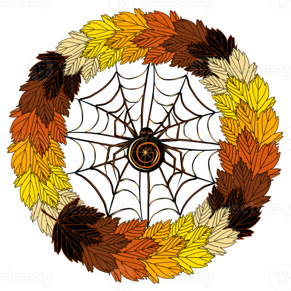 Spider on a web in a round frame of autumn orange and yellow maple leaves. png