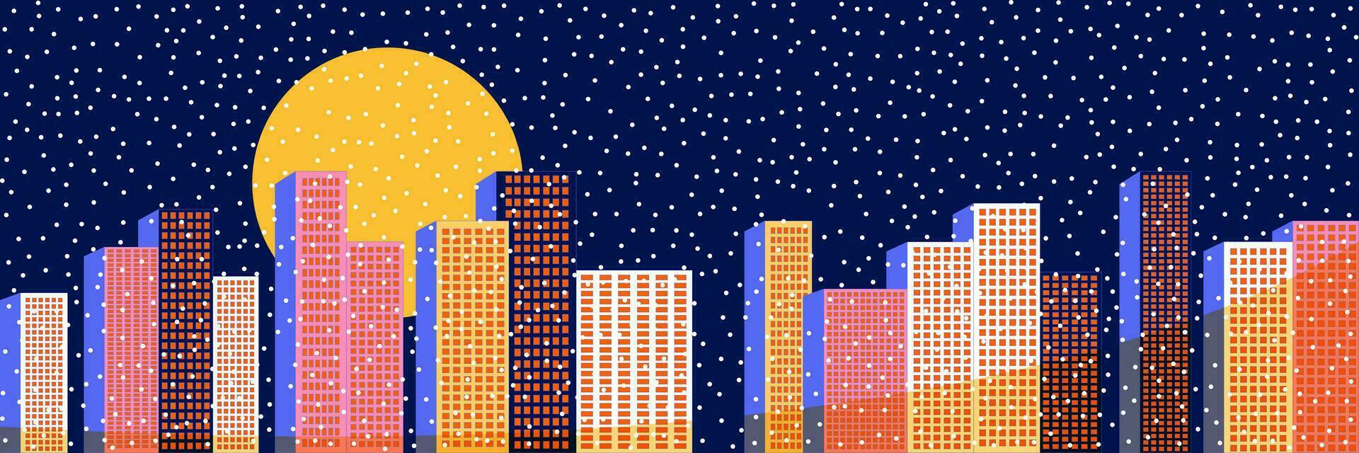 Vector illustration of a winter city. Night big city with colorful skyscrapers in winter. Vector background in flat style.