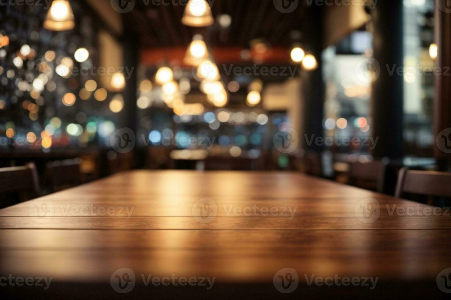 Empty wooden table top with lights bokeh on blur restaurant background.. AI generated photo