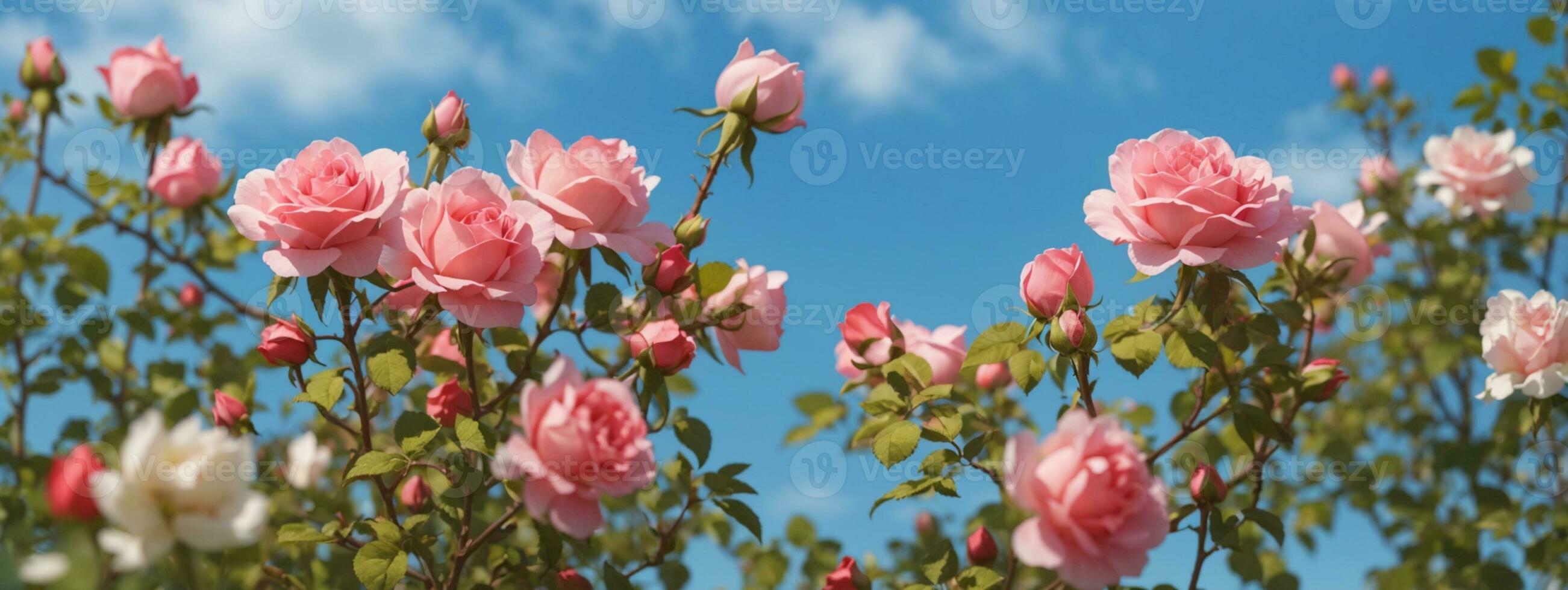 hermosa primavera borde, floreciente Rosa arbusto en un azul antecedentes. floración Rosa caderas en contra el azul cielo. suave selectivo enfocar. ai generado foto