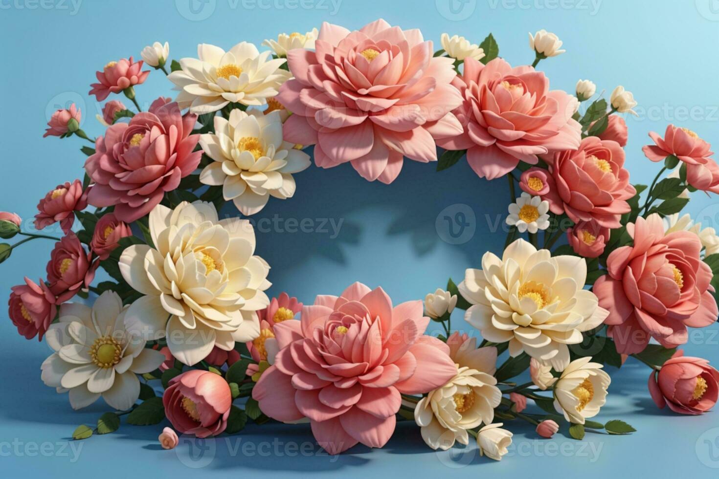 Flowers composition. Rose flowers on blue background. Valentines day, mothers day, womens day concept. Flat lay, top view, copy space. AI generated photo