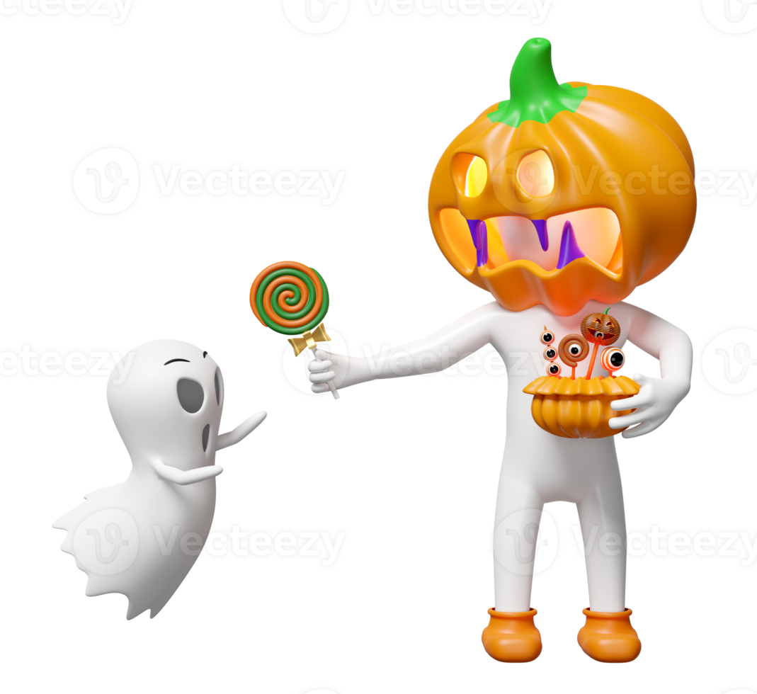 3d halloween holiday party with pumpkin head man gives sweet lollipop to cute ghost isolated. 3d render illustration png