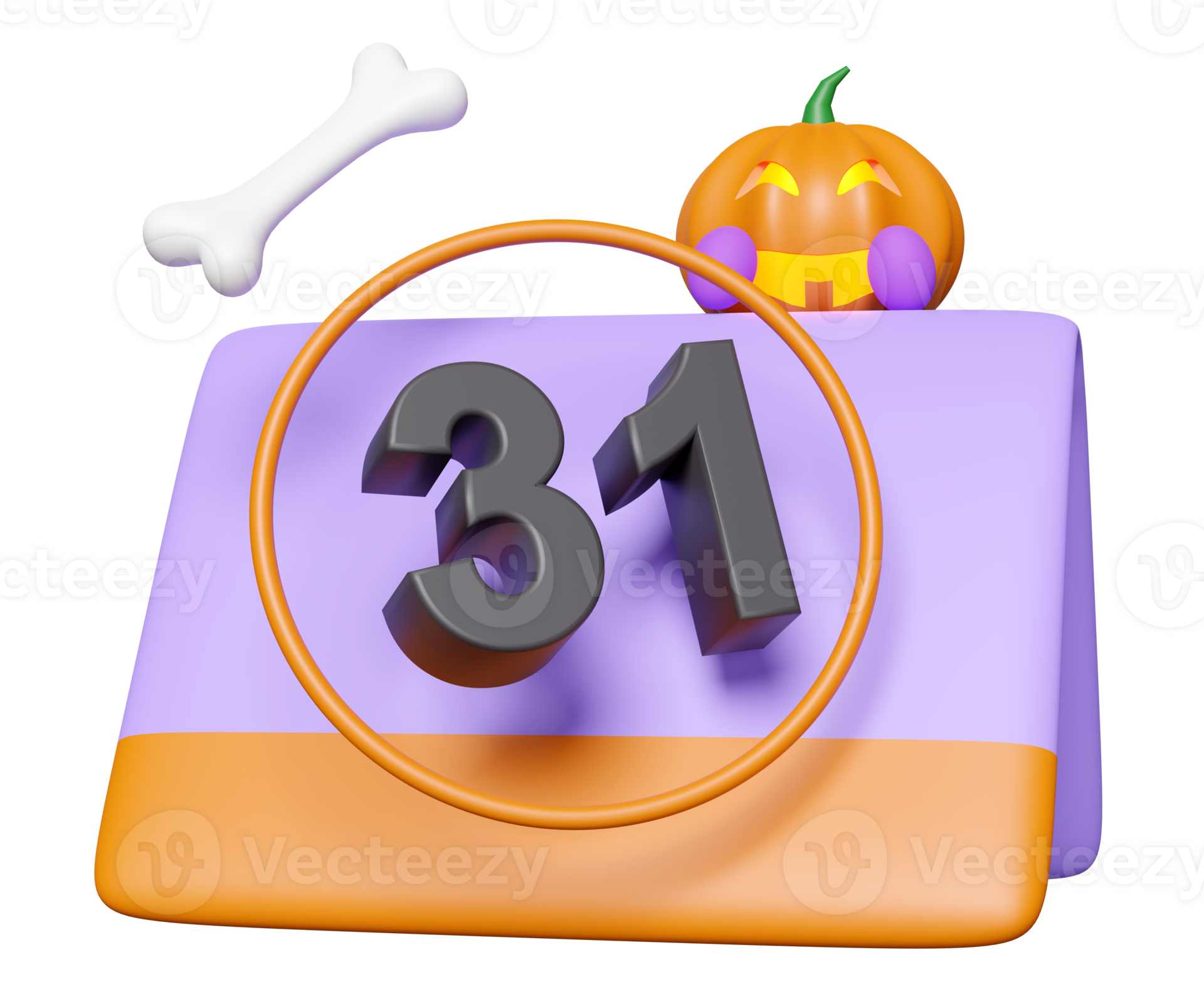 Halloween date with calendar, pumpkin lantern, skeleton isolated. 3d