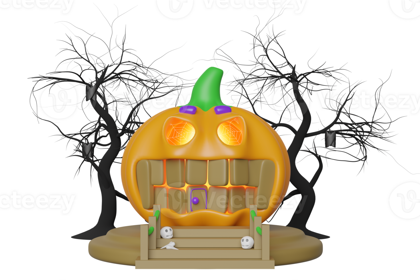 3d halloween holiday party with pumpkin house, skull on the stairs