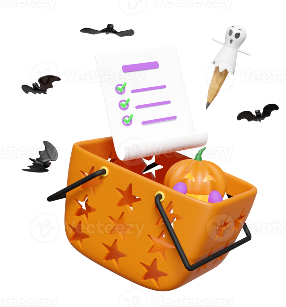 3d happy halloween party with pumpkin head in shopping basket, checklist, bat, pencil cute ghost isolated. 3d render illustration png